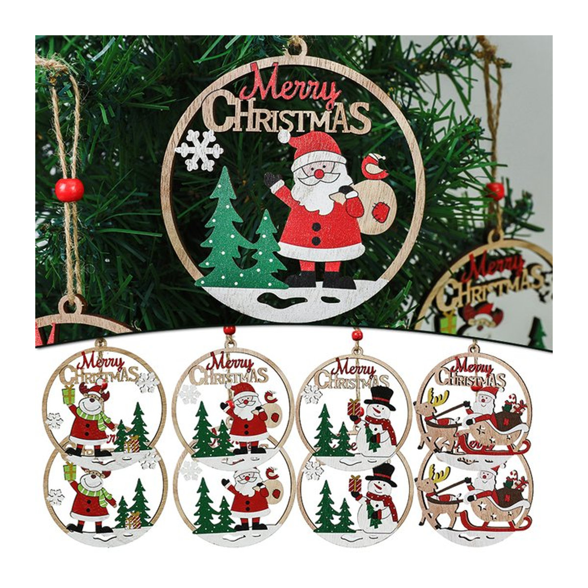 ZQNYCY Weihnachtliche Holz-Hängeornamente in rustikalem Design, mehrfarbige Weihnachtskugeln mit Schnur zur Dekoration - Bild 1