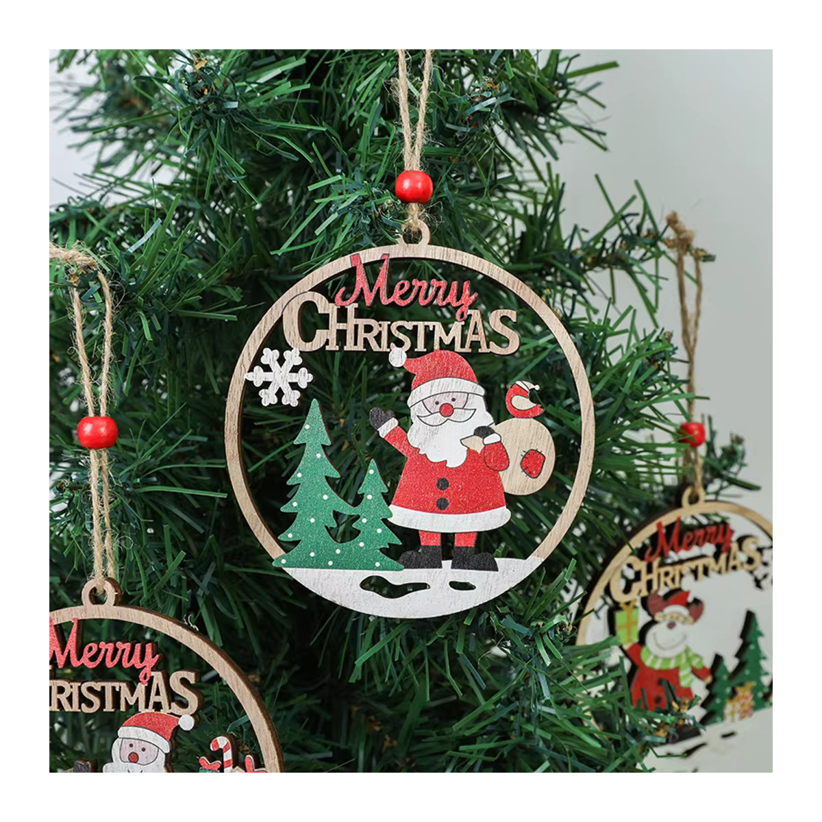 ZQNYCY Weihnachtliche Holz-Hängeornamente in rustikalem Design, mehrfarbige Weihnachtskugeln mit Schnur zur Dekoration - Bild 2