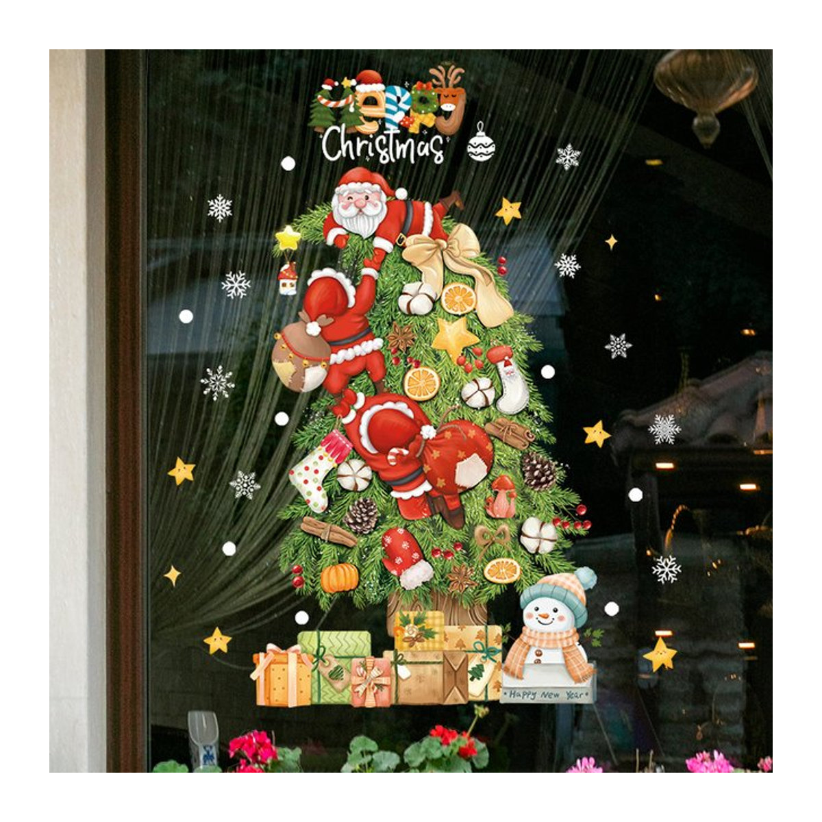 ZQNYCY Weihnachts Fensteraufkleber mit Santa Claus, Weihnachtsbaum und Schneeflocken, mehrfarbig, Wanddekoration für Kinderzimmer und Zuhause - Bild 1