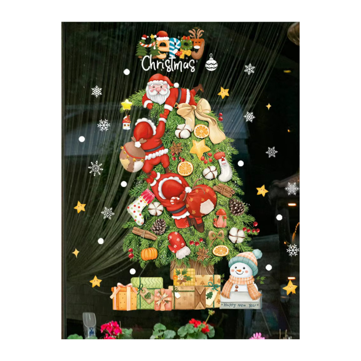 ZQNYCY Weihnachts Fensteraufkleber mit Santa Claus, Weihnachtsbaum und Schneeflocken, mehrfarbig, Wanddekoration für Kinderzimmer und Zuhause - Bild 3