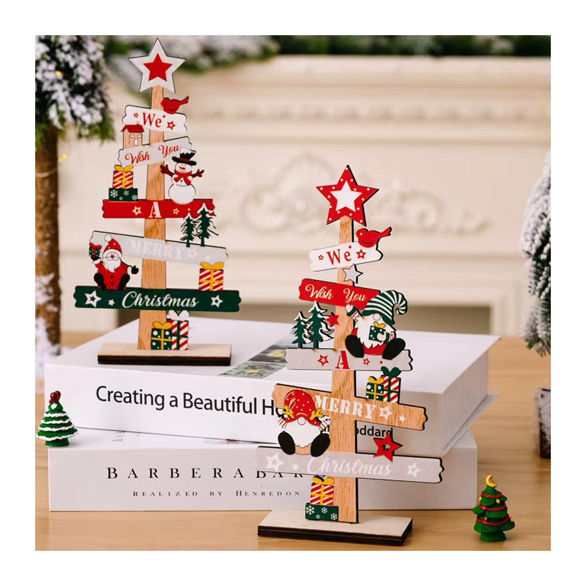 ZQNYCY Weihnachtsdekoration aus Holz mit Weihnachtsmann und Schneemann als Desktop-Schmuck im Landhausstil, mehrfarbig - Bild 3