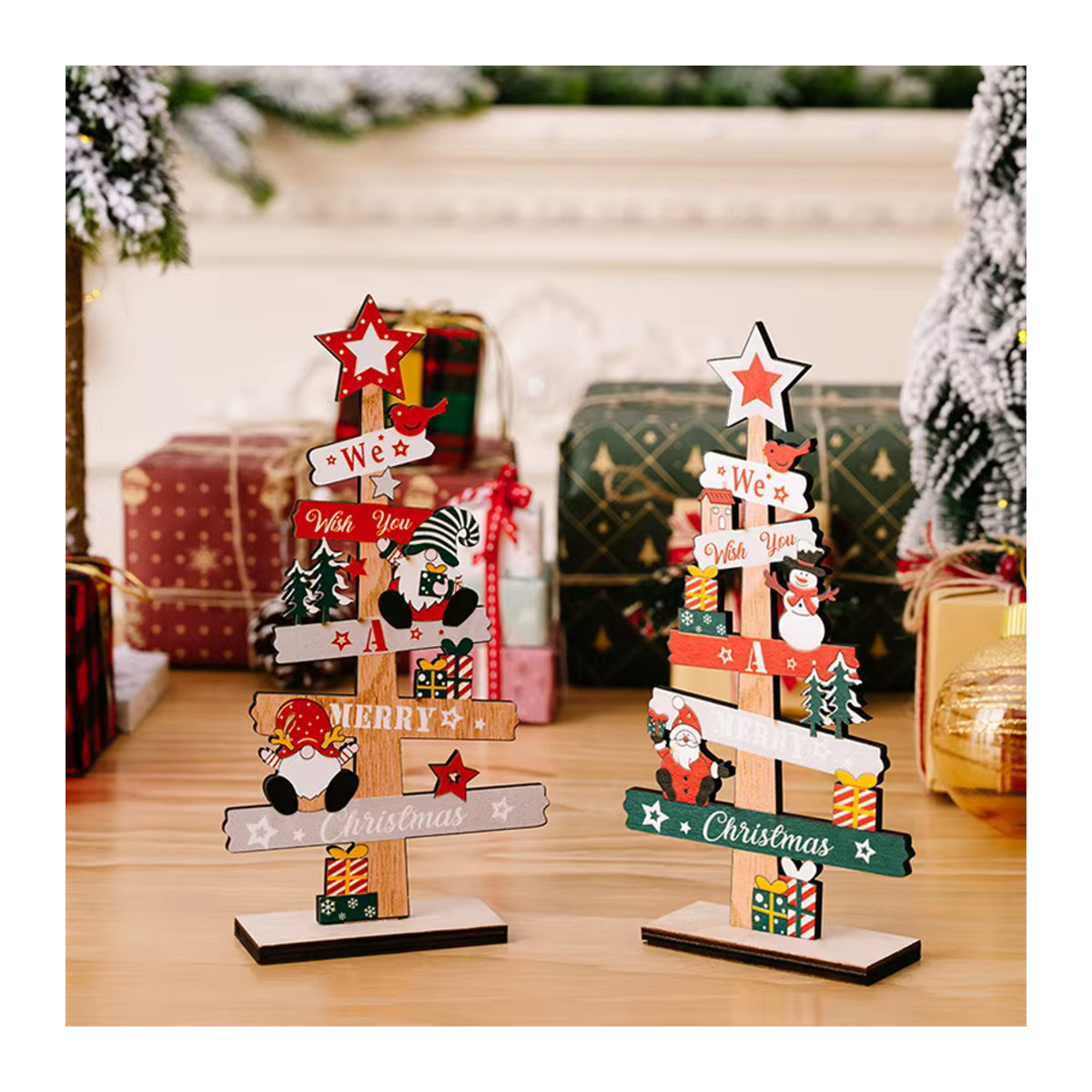 ZQNYCY Weihnachtsdekoration aus Holz mit Weihnachtsmann und Schneemann als Desktop-Schmuck im Landhausstil, mehrfarbig - Bild 4