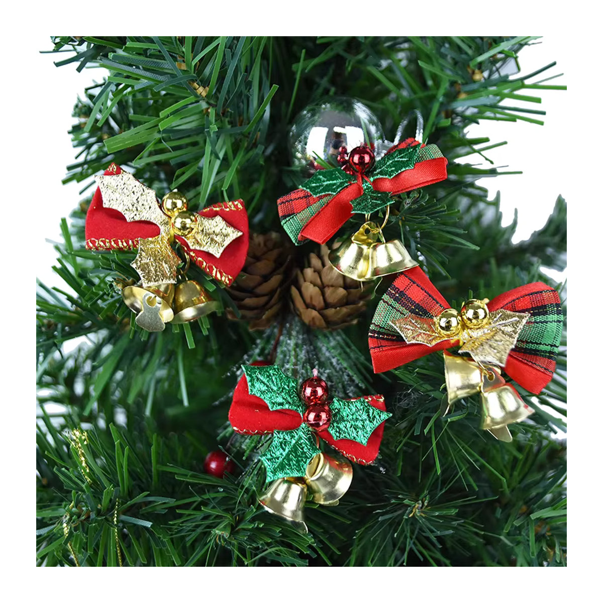 ZQNYCY Weihnachtsschleifen mit Glöckchen in Rot aus Stoff für DIY-Handwerk und Weihnachtsbaum-Hängedekoration, 12 Stück - Bild 2