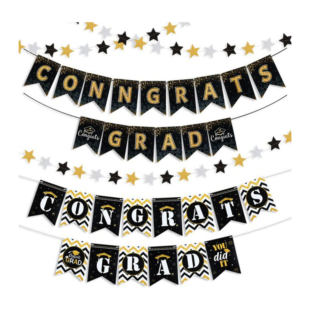 ZQNYCY Wimpelkette Congrats Grad Banner aus Papier mit Sternen in Schwarz zur Dekoration für die Abschlussfeier - Bild 1
