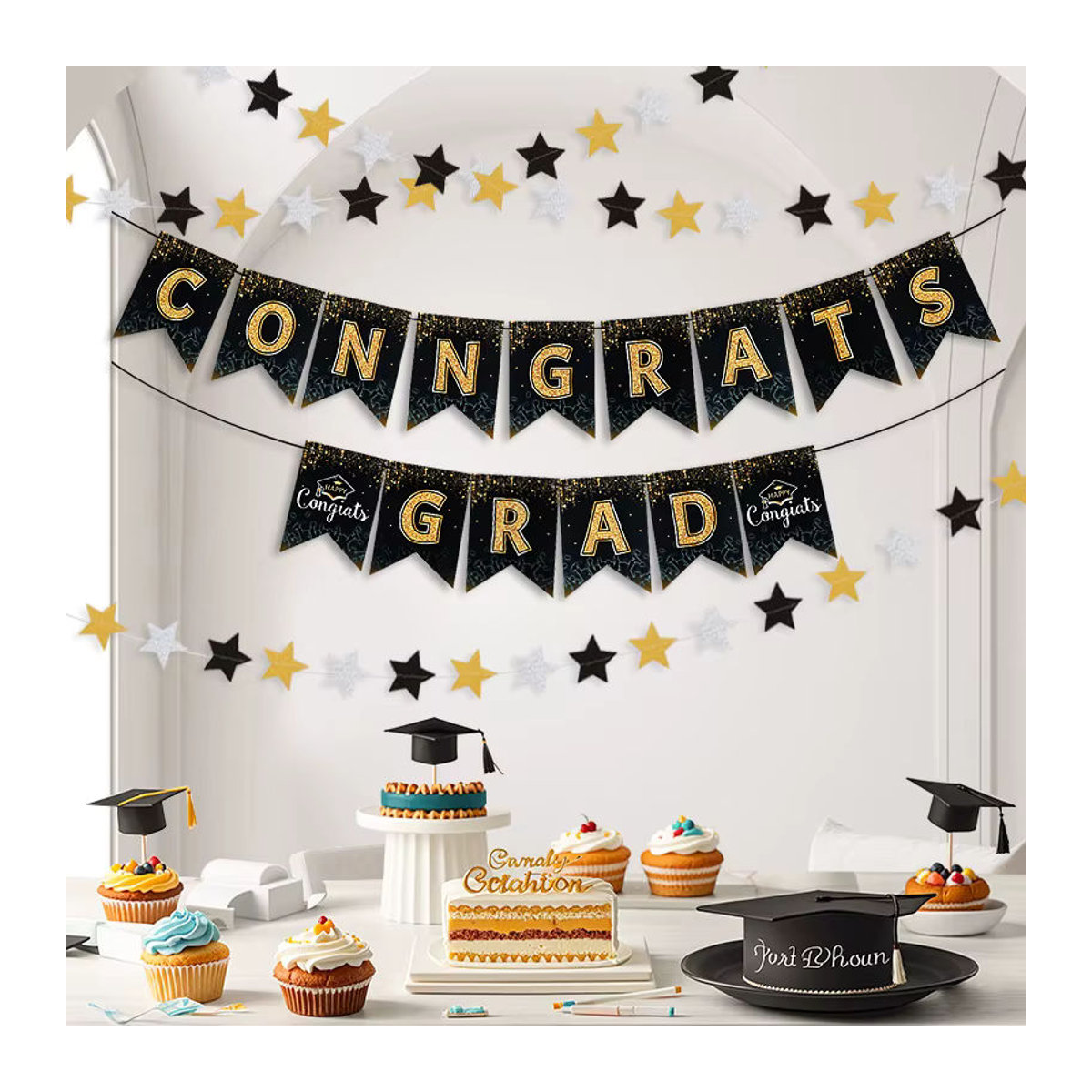 ZQNYCY Wimpelkette Congrats Grad Banner aus Papier mit Sternen in Schwarz zur Dekoration für die Abschlussfeier - Bild 2