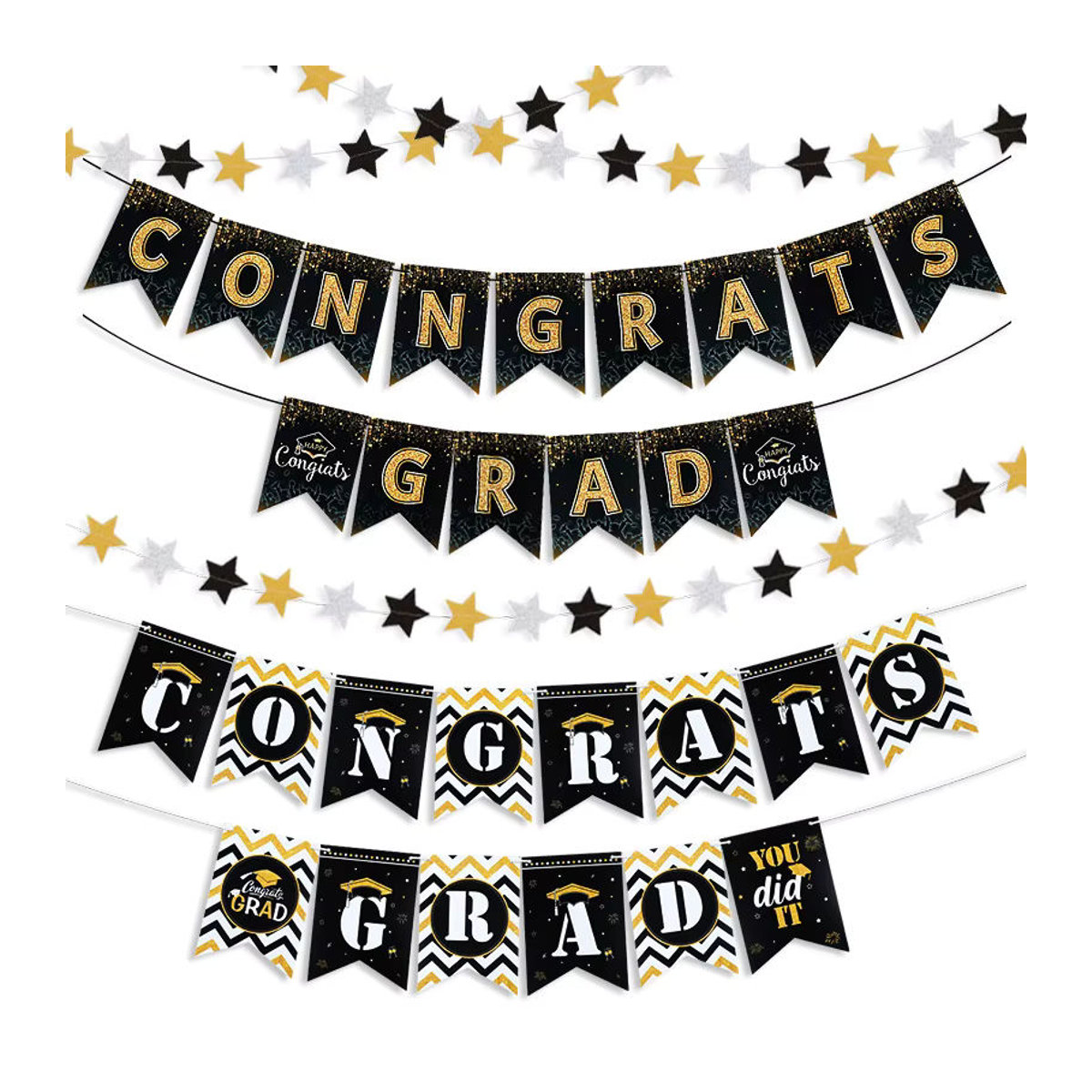 ZQNYCY Wimpelkette Congrats Grad Banner aus Papier mit Sternen in Schwarz zur Dekoration für die Abschlussfeier - Bild 3