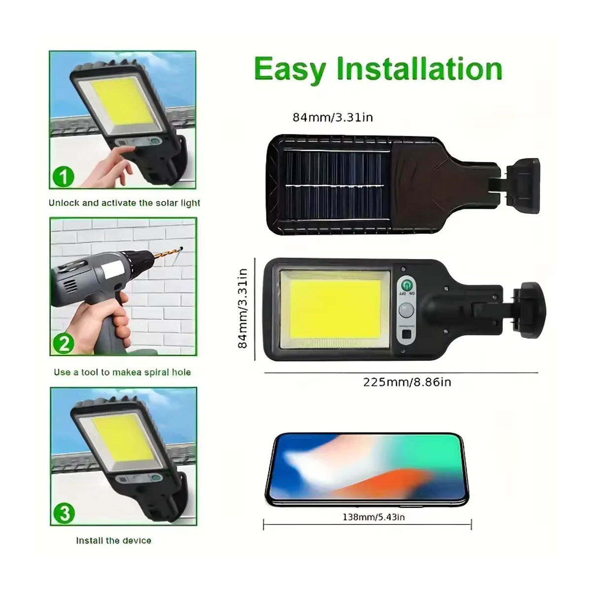 ZTree Solar-Bewegungsmelder-Leuchten mit 117 COB LEDs in Schwarz für Garten, Terrasse und Garage mit 3 Beleuchtungsmodi - Bild 6