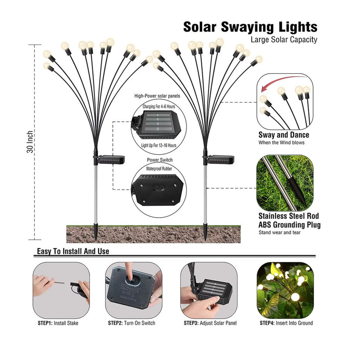 ZTree Solar Glühwürmchen Lichter mit 12 LED warmweiß aus Edelstahl für Garten und Terrasse wasserdicht - Bild 6