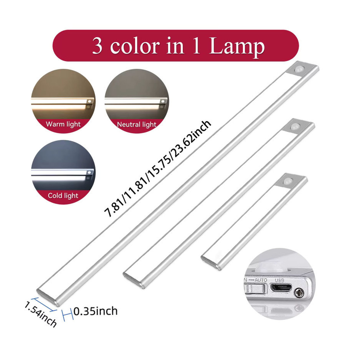 Zuoji LED Schrankleuchte mit Bewegungsmelder und Dimmer, USB wiederaufladbare Möbelbeleuchtung aus Aluminium, alufarben - Bild 2