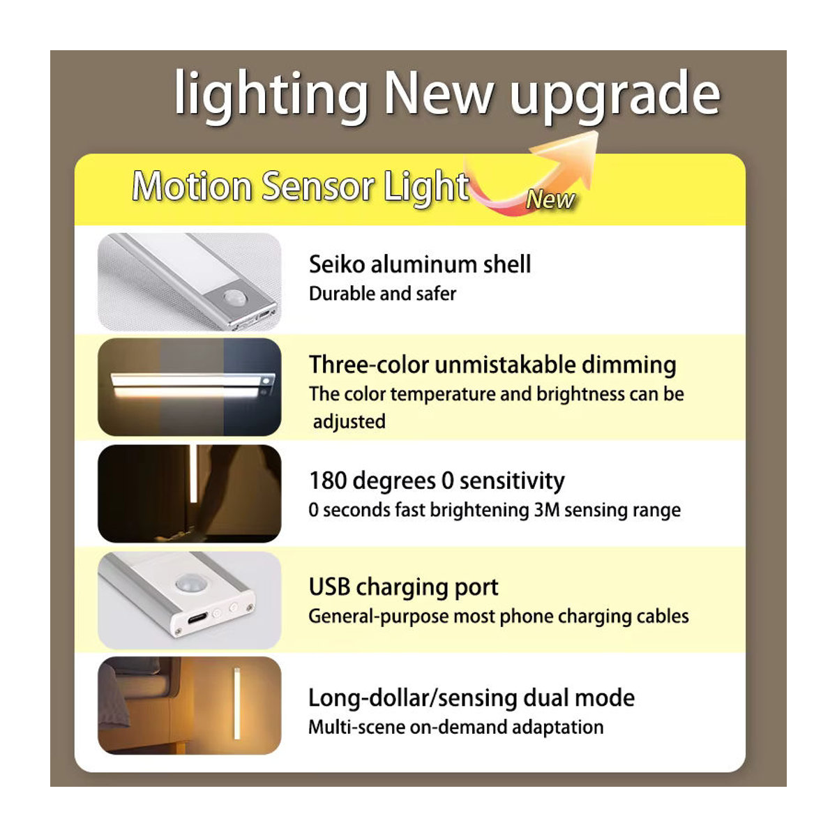 Zuoji LED Schrankleuchte mit Bewegungsmelder und Dimmer, USB wiederaufladbare Möbelbeleuchtung aus Aluminium, alufarben - Bild 4