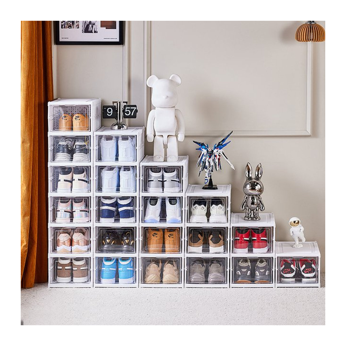 Zusammenklappbarer Schuhschrank aus Kunststoff in Weiß mit minimalistischem Design und staubdichter Aufbewahrungsbox - Bild 1