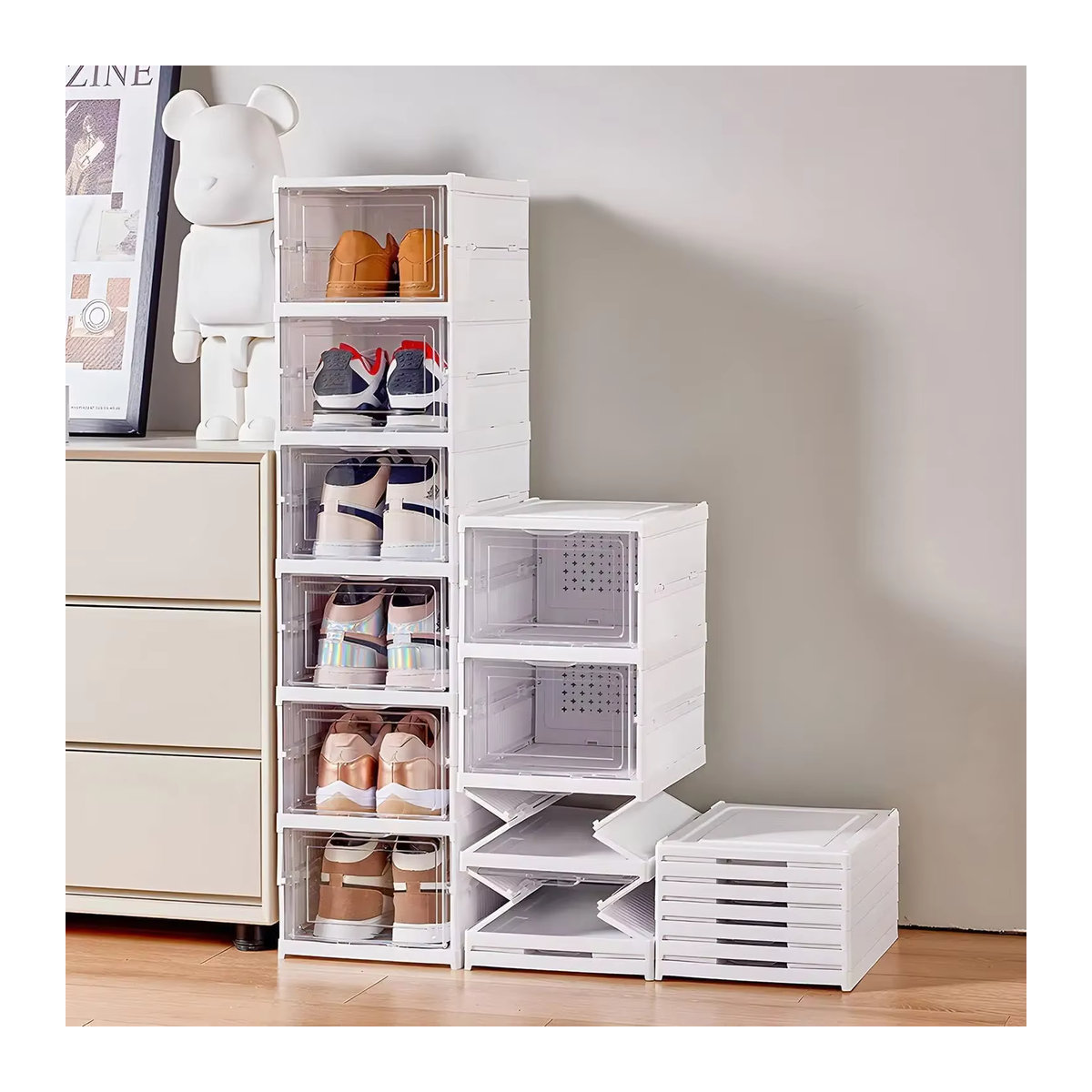 Zusammenklappbarer Schuhschrank aus Kunststoff in Weiß mit minimalistischem Design und staubdichter Aufbewahrungsbox - Bild 2