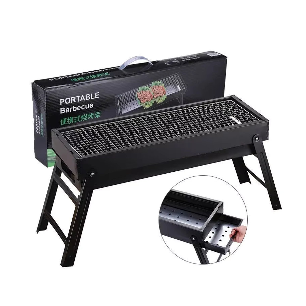 Zusammenklappbarer tragbarer Holzkohle-Grill für Outdoor und Camping, Schwarz, 60 cm - Bild 2