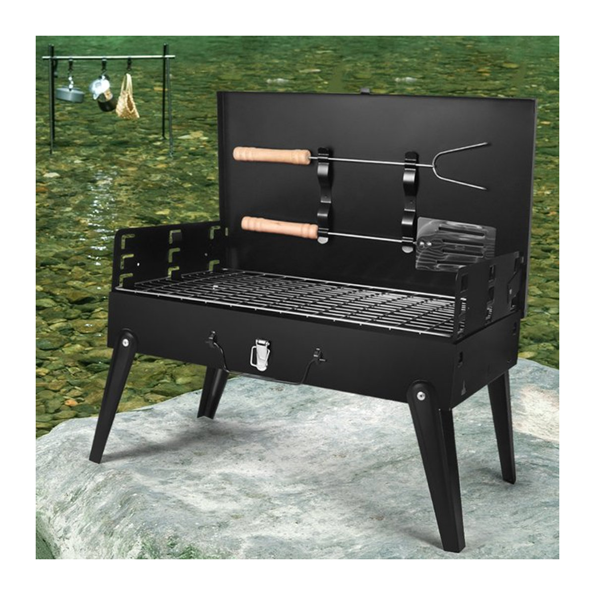 Zusammenklappbarer tragbarer Holzkohlegrill aus Edelstahl in Schwarz für Camping und Picknick - Bild 1