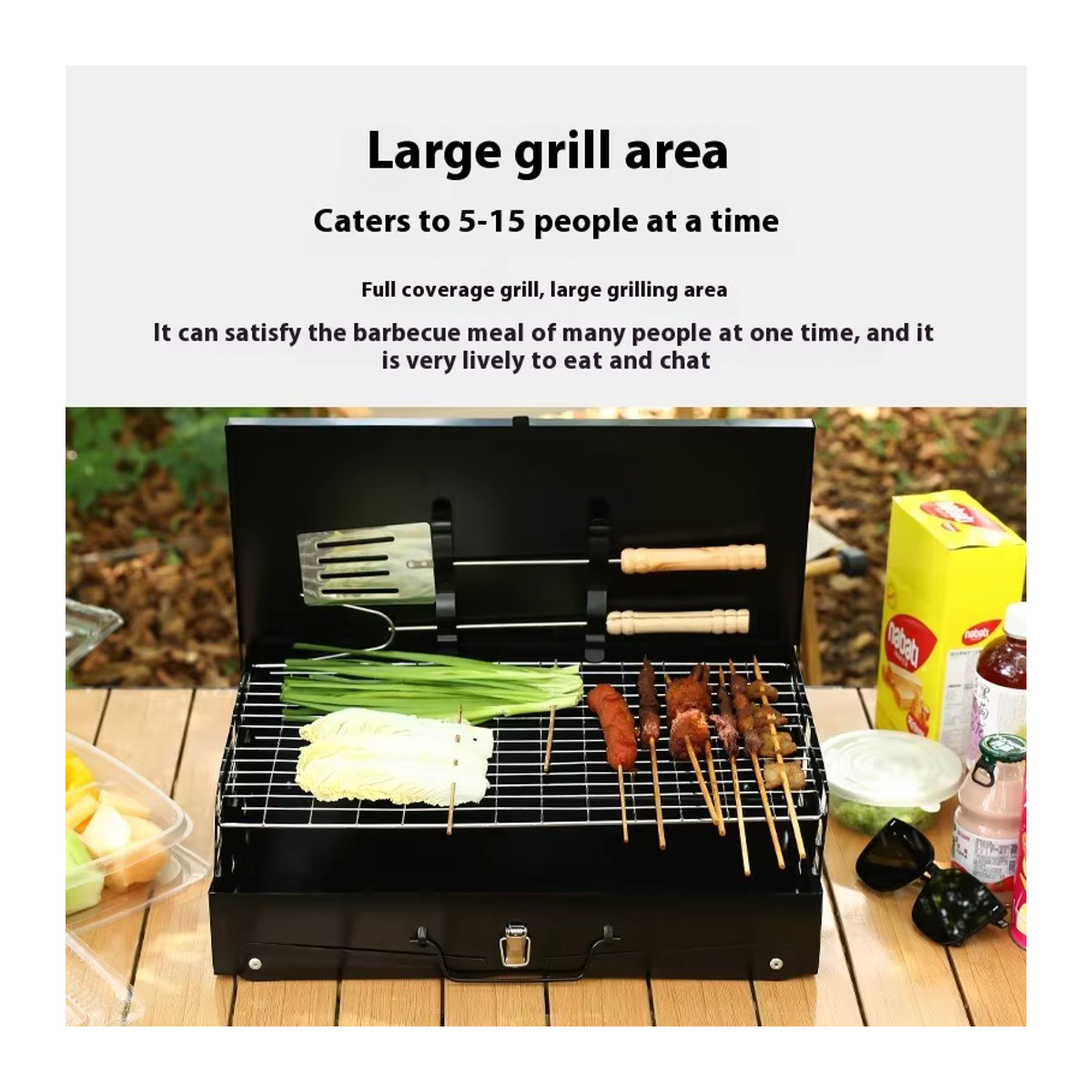 Zusammenklappbarer tragbarer Holzkohlegrill aus Edelstahl in Schwarz für Camping und Picknick - Bild 2
