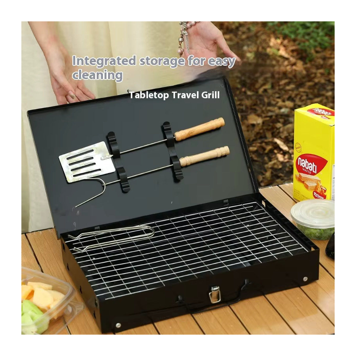 Zusammenklappbarer tragbarer Holzkohlegrill aus Edelstahl in Schwarz für Camping und Picknick - Bild 3