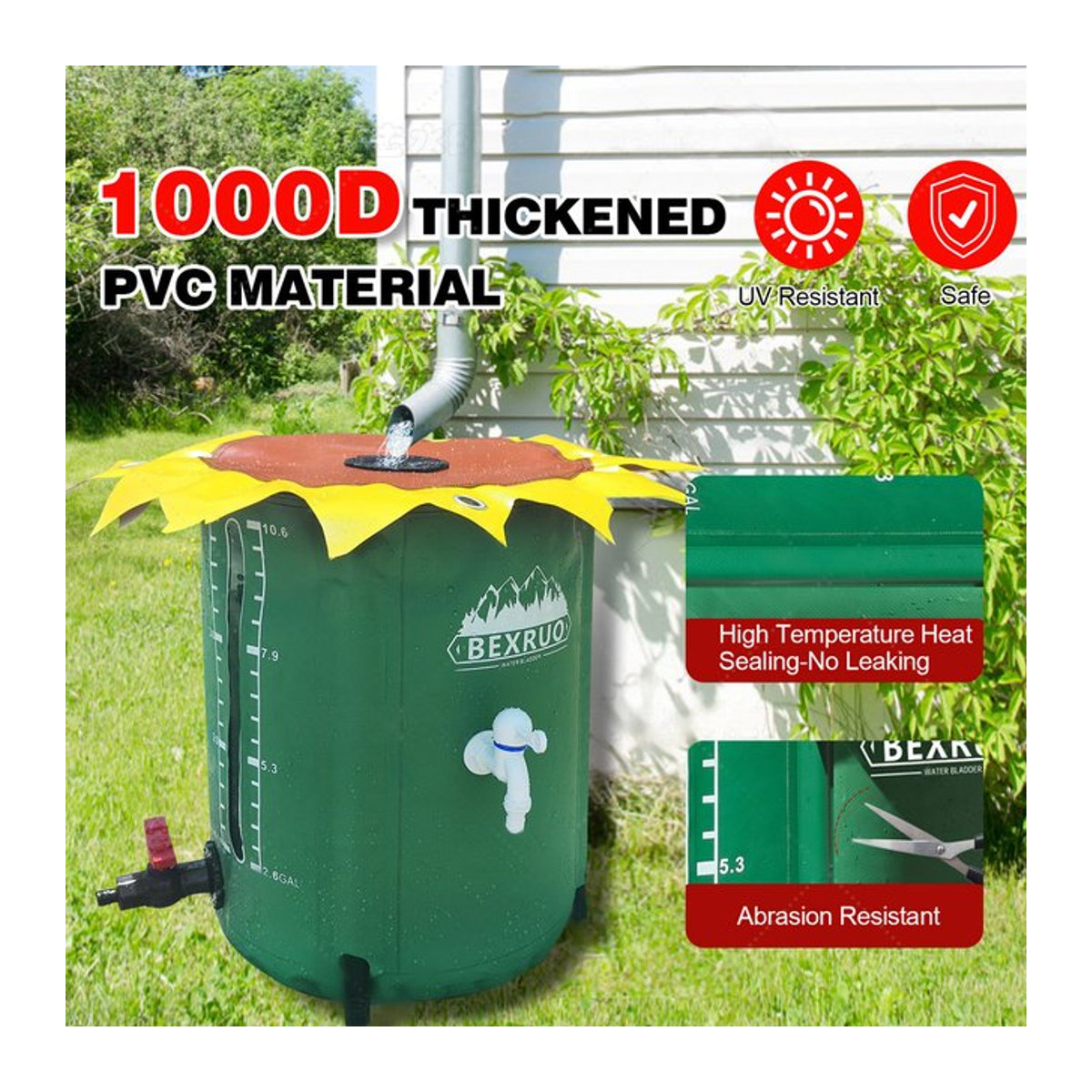 Zusammenklappbares Regenfass aus PVC mit drei Zapfen als Regensammelsystem zur Wasserspeicherung, Kapazität: 380 bis 1000 Liter - Bild 1