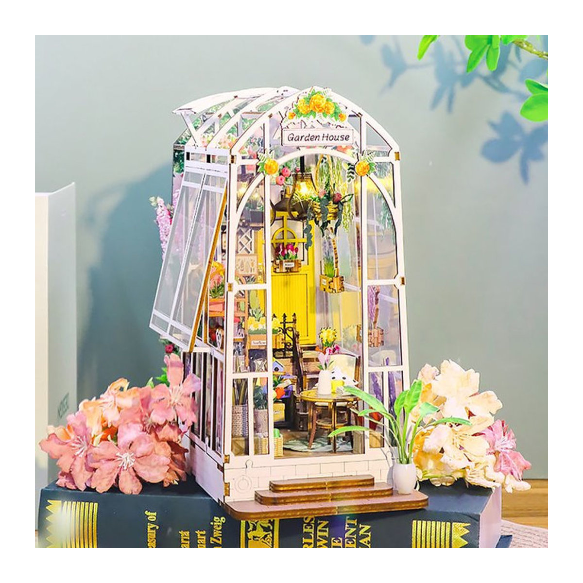 zuuton 3D Holz Puzzle DIY Blumengarten Puppenhaus als Bücherregal mit LED-Leuchten in Weiß - Bild 1