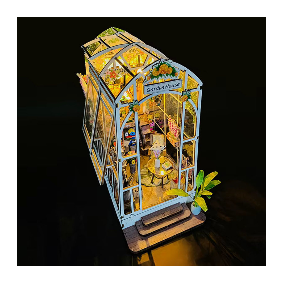 zuuton 3D Holz Puzzle DIY Blumengarten Puppenhaus als Bücherregal mit LED-Leuchten in Weiß - Bild 4