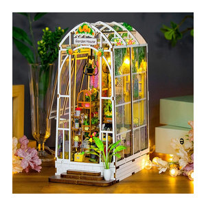 zuuton DIY Miniatur Bausatz Regaleinsatz Gartenhaus Buchecke aus Holz mit LED-Leuchten in Weiß