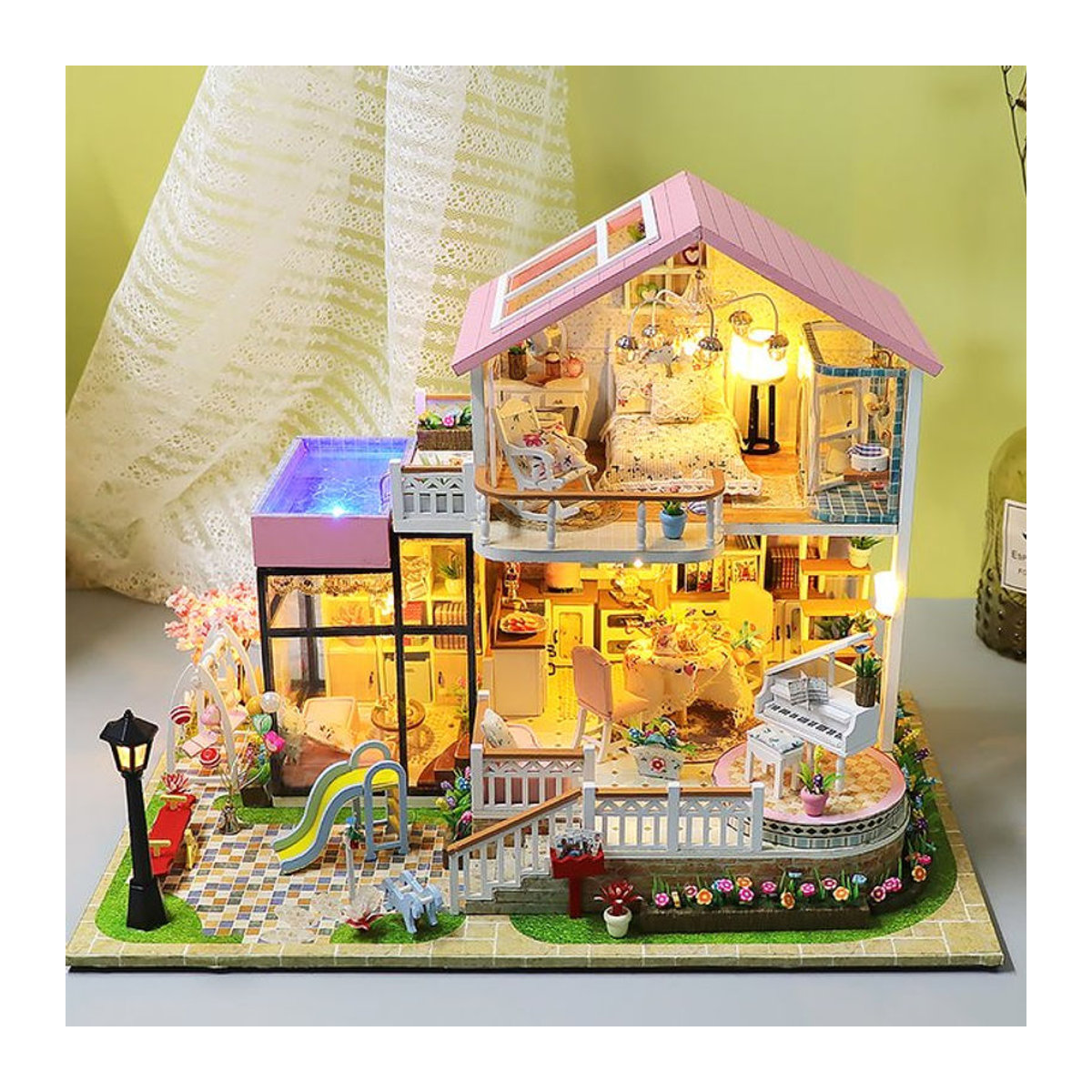 zuuton Holz Miniatur Puppenhaus Kit 3D Puzzle Montage Gebäude Modell mit Möbeln für Erwachsene, mehrfarbig - Bild 1