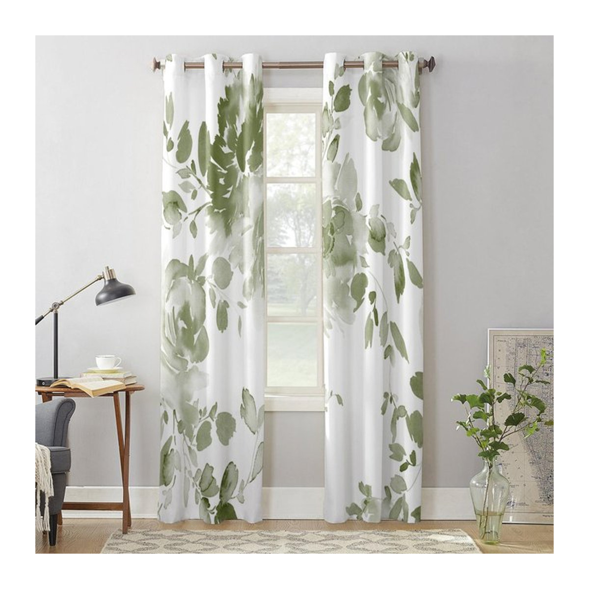 Zweierpack Semi-transparente Fenstervorhänge mit Aquarellblumen in Salbeigrün und Weiß, Super Six, Breite: 100 cm, Höhe: 160 cm - Bild 1