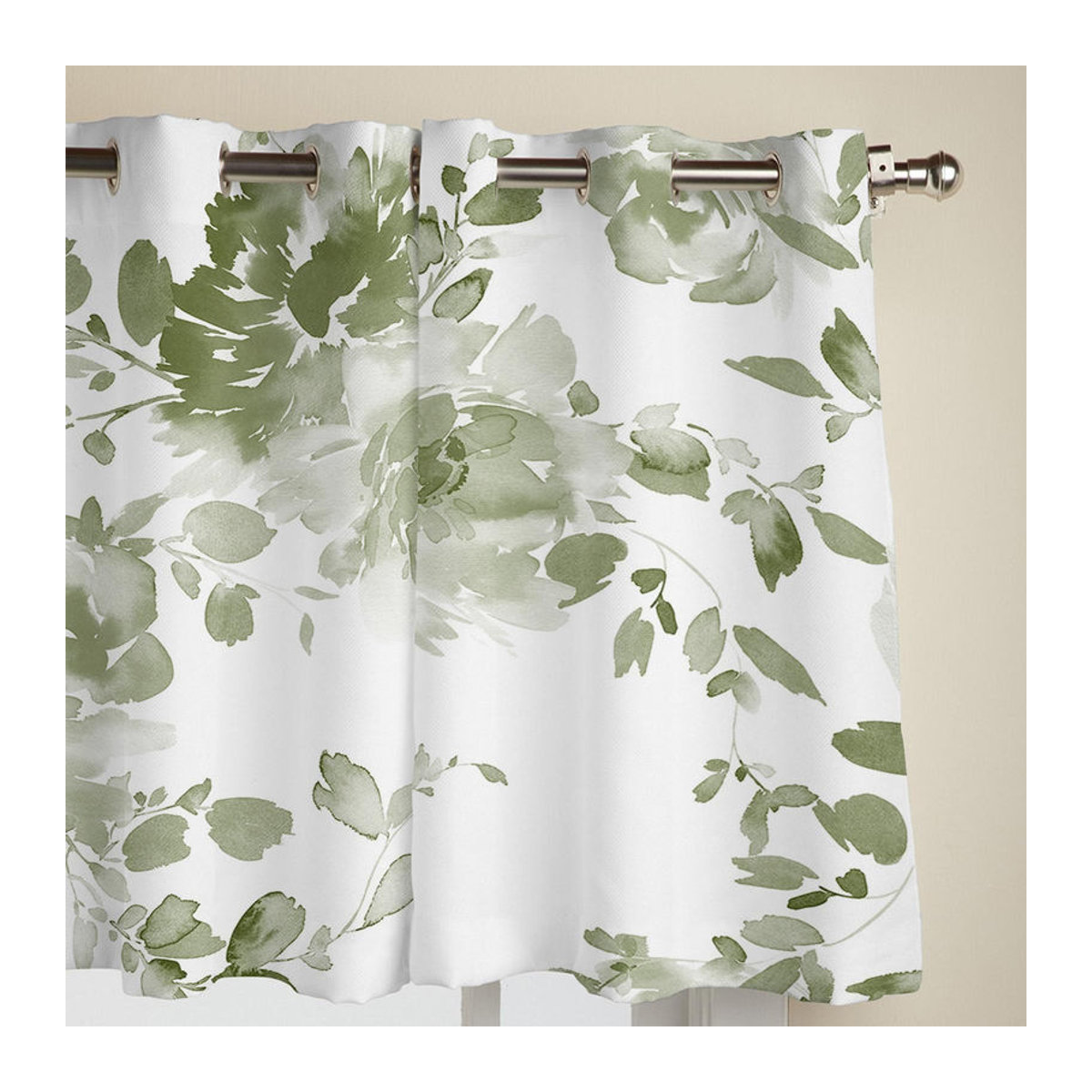 Zweierpack Semi-transparente Fenstervorhänge mit Aquarellblumen in Salbeigrün und Weiß, Super Six, Breite: 100 cm, Höhe: 160 cm - Bild 2