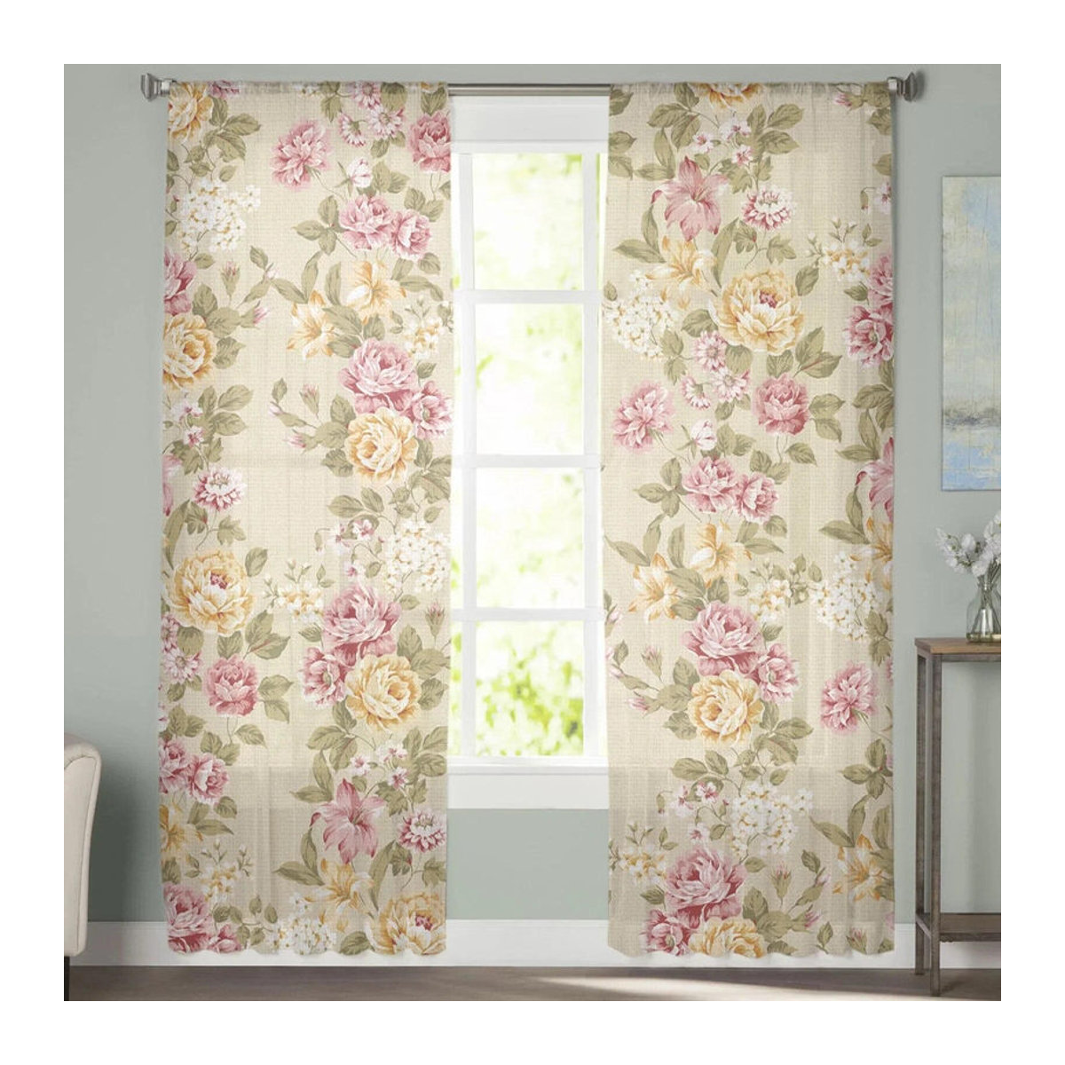 Zweierpack Sheer Voile Fenster Vorhänge Bouquet Rose in Gelb und Rosa für Wohnzimmer und Schlafzimmer, Breite: 135 cm, Höhe: 114 cm - Bild 4