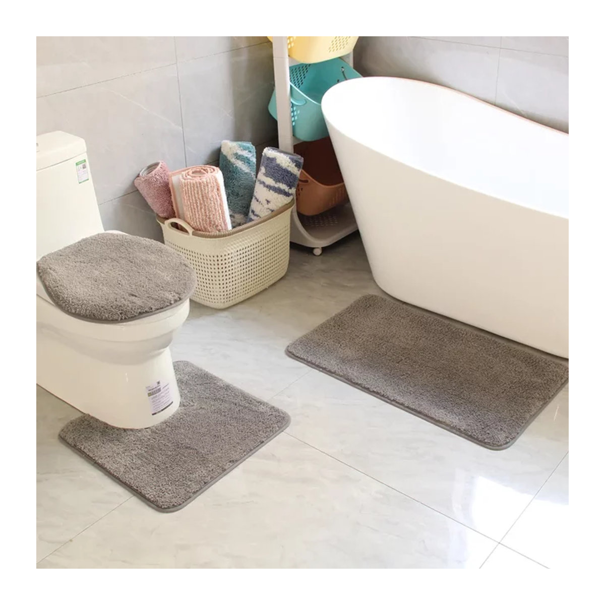 Zweiteiliges Badezimmer-Matten-Set in U-Form, beflockt und saugfähig, rutschfest, erhältlich in Beige oder Grau - Bild 1