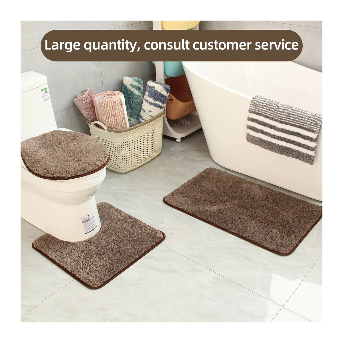 Zweiteiliges Badezimmer-Matten-Set in U-Form, beflockt und saugfähig, rutschfest, erhältlich in Beige oder Grau - Bild 2