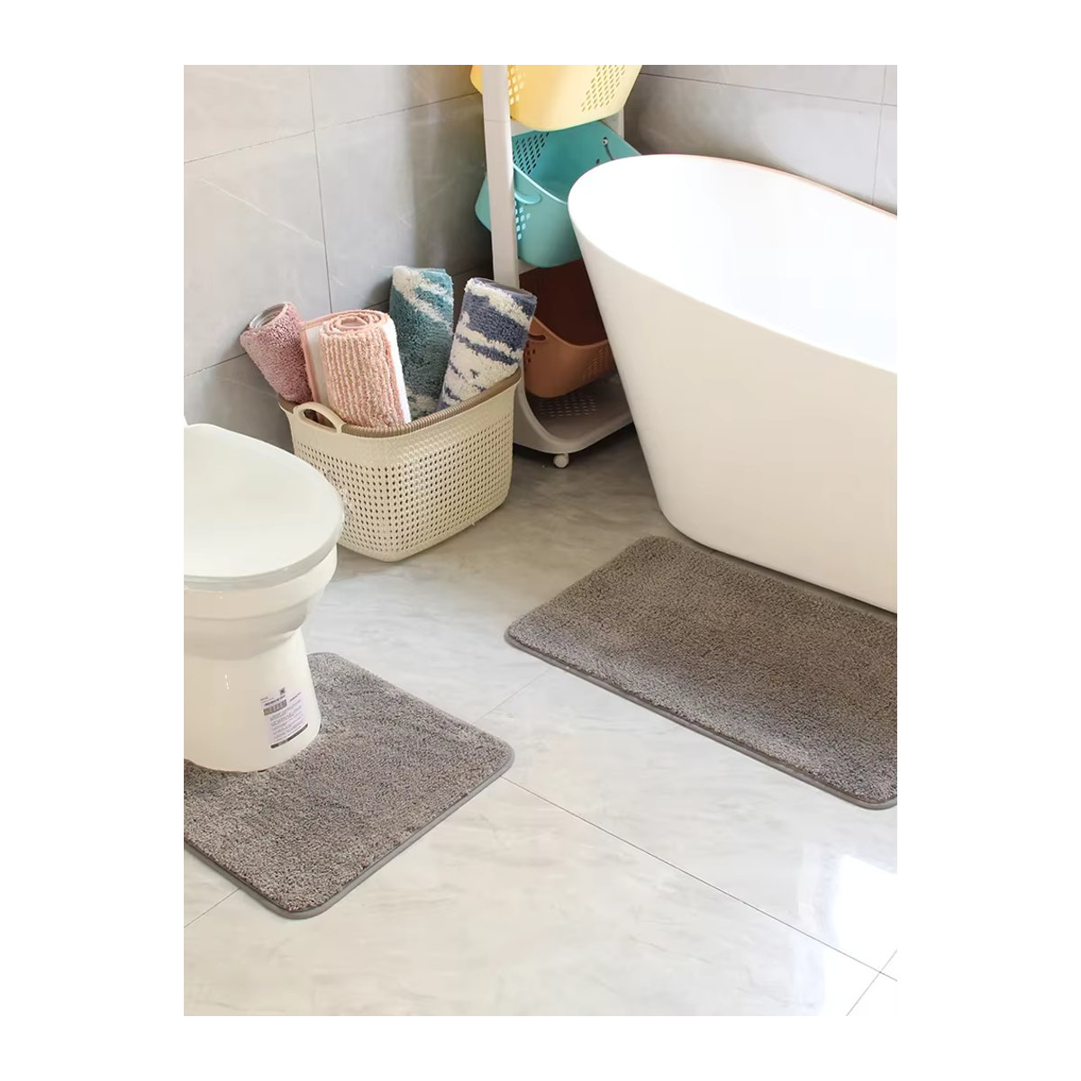 Zweiteiliges Badezimmer-Matten-Set in U-Form, beflockt und saugfähig, rutschfest, erhältlich in Beige oder Grau - Bild 6