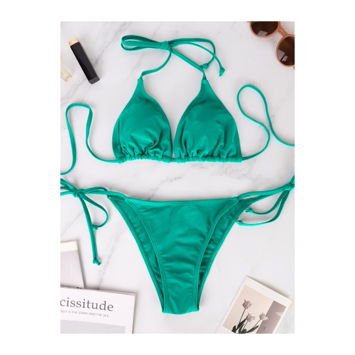 Zweiteiliges Damen-Bikini-Set im Tanga-Stil mit dreieckigem Oberteil und verstellbaren Schnürriemen für deinen Sommer am Strand - Bild 1