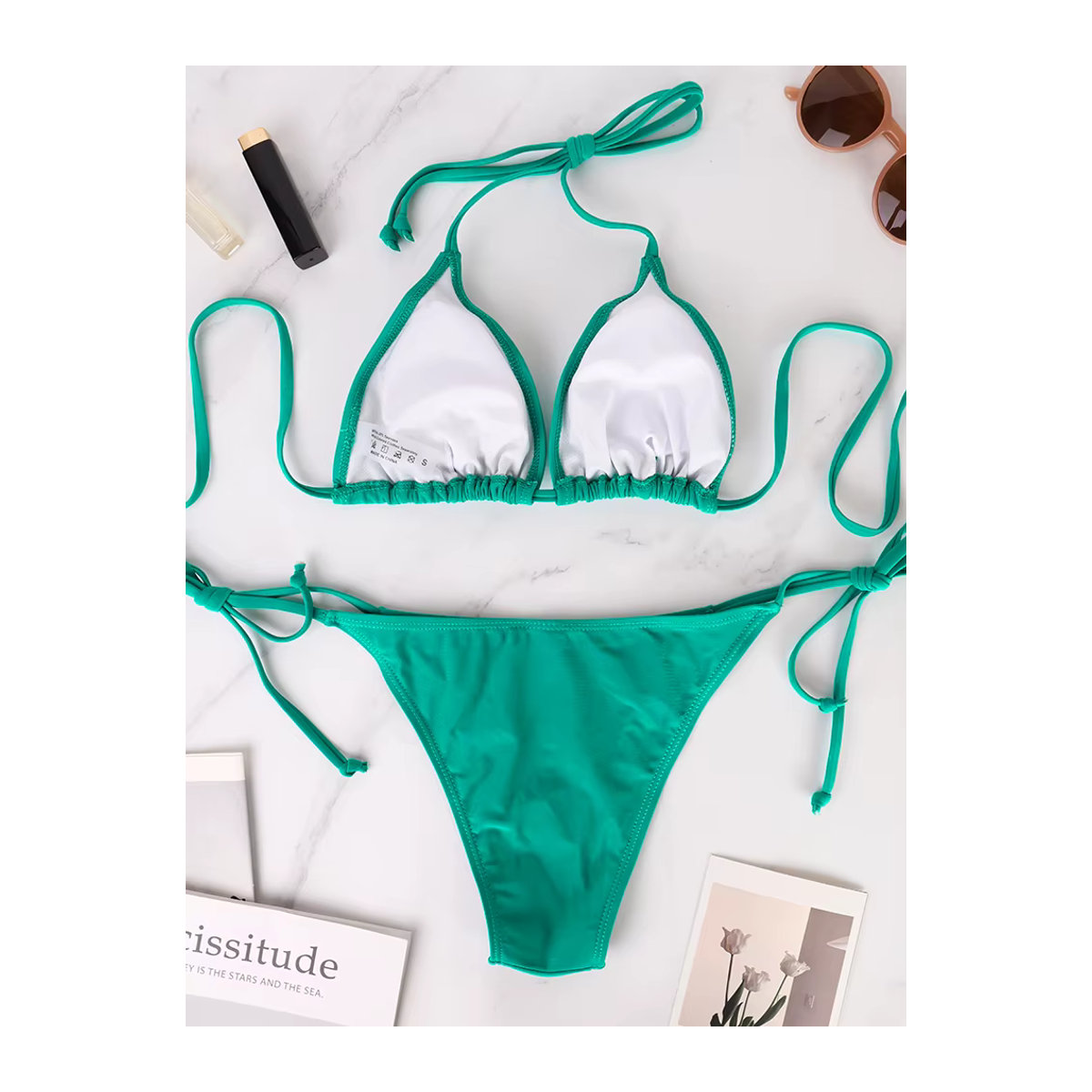 Zweiteiliges Damen-Bikini-Set im Tanga-Stil mit dreieckigem Oberteil und verstellbaren Schnürriemen für deinen Sommer am Strand - Bild 2