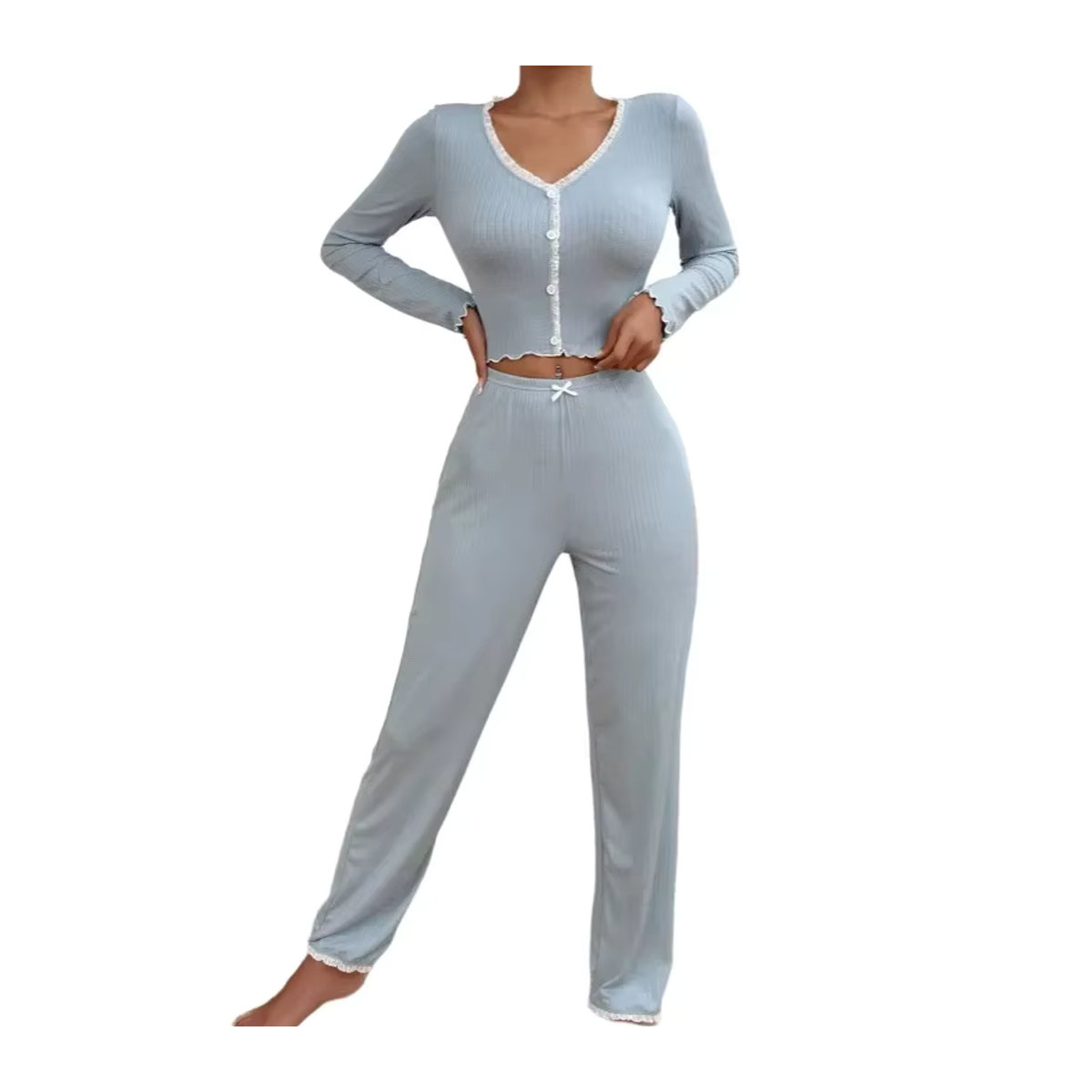 Zweiteiliges Pyjama Set für Frauen mit langen Ärmeln und Spitze in Rot oder Blau - Bild 4