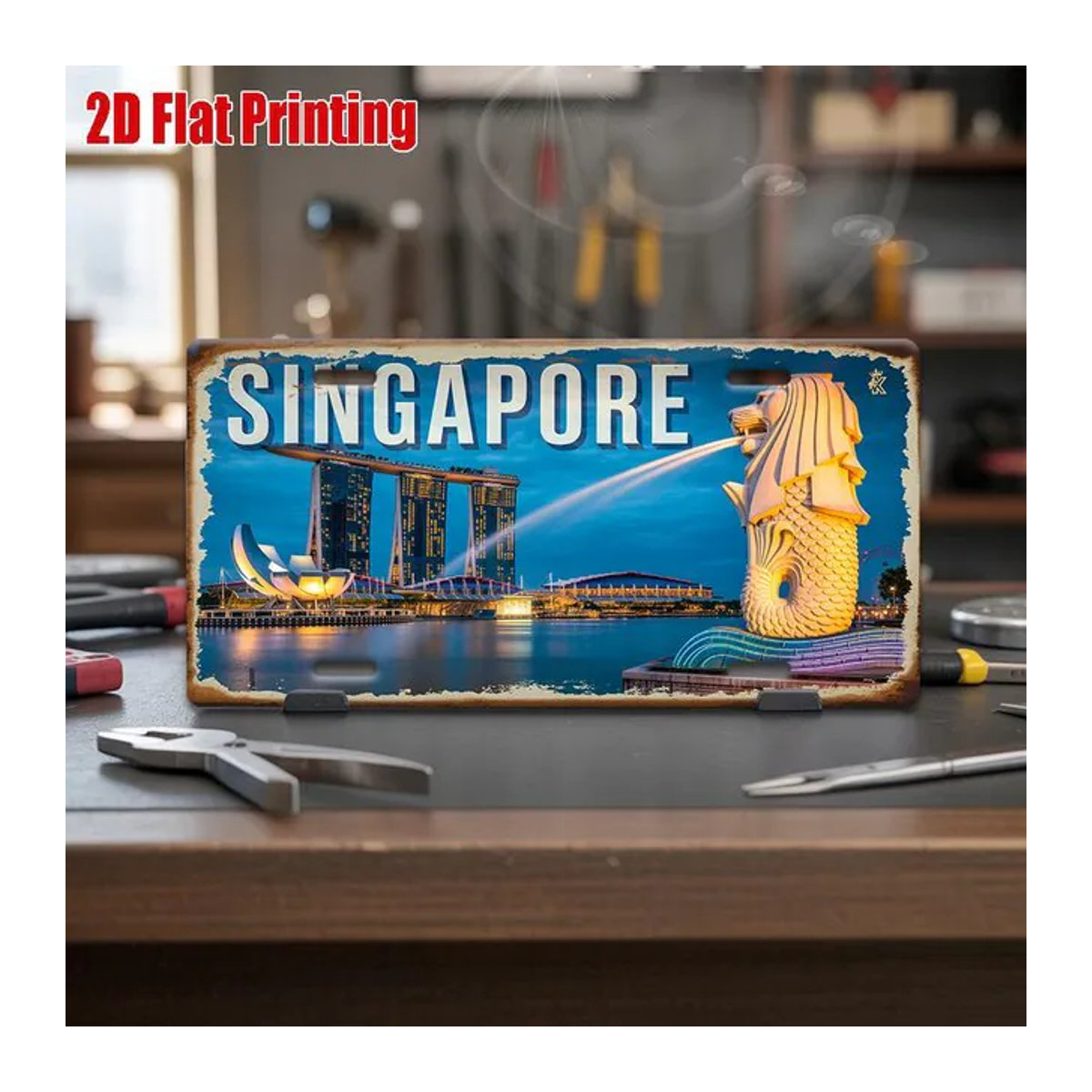 ZX ART Vintage Metall-Nummernschild Singapur Marina Bay und Merlion Motiv, dekoratives Aluminiumschild in Mehrfarbig, B: 30 cm, H: 15 cm - Bild 1