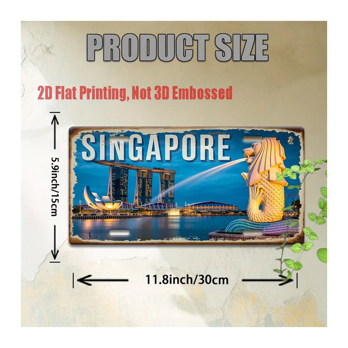 ZX ART Vintage Metall-Nummernschild Singapur Marina Bay und Merlion Motiv, dekoratives Aluminiumschild in Mehrfarbig, B: 30 cm, H: 15 cm - Bild 2