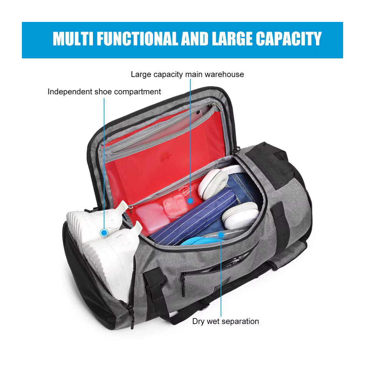 ZXOXZM Sporttasche als großer Rucksack mit Schuh- und Nassfach in Grau, Modernes Design für Workout und Reisen - Bild 6