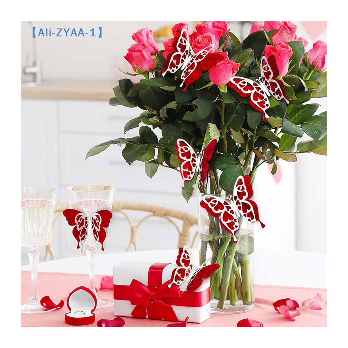 ZYAA-1 6er Set 3D Schmetterlinge Wandaufkleber in Gold und Rot mit Glitzer-Effekt zur Wanddekoration für Valentinstag - Bild 3