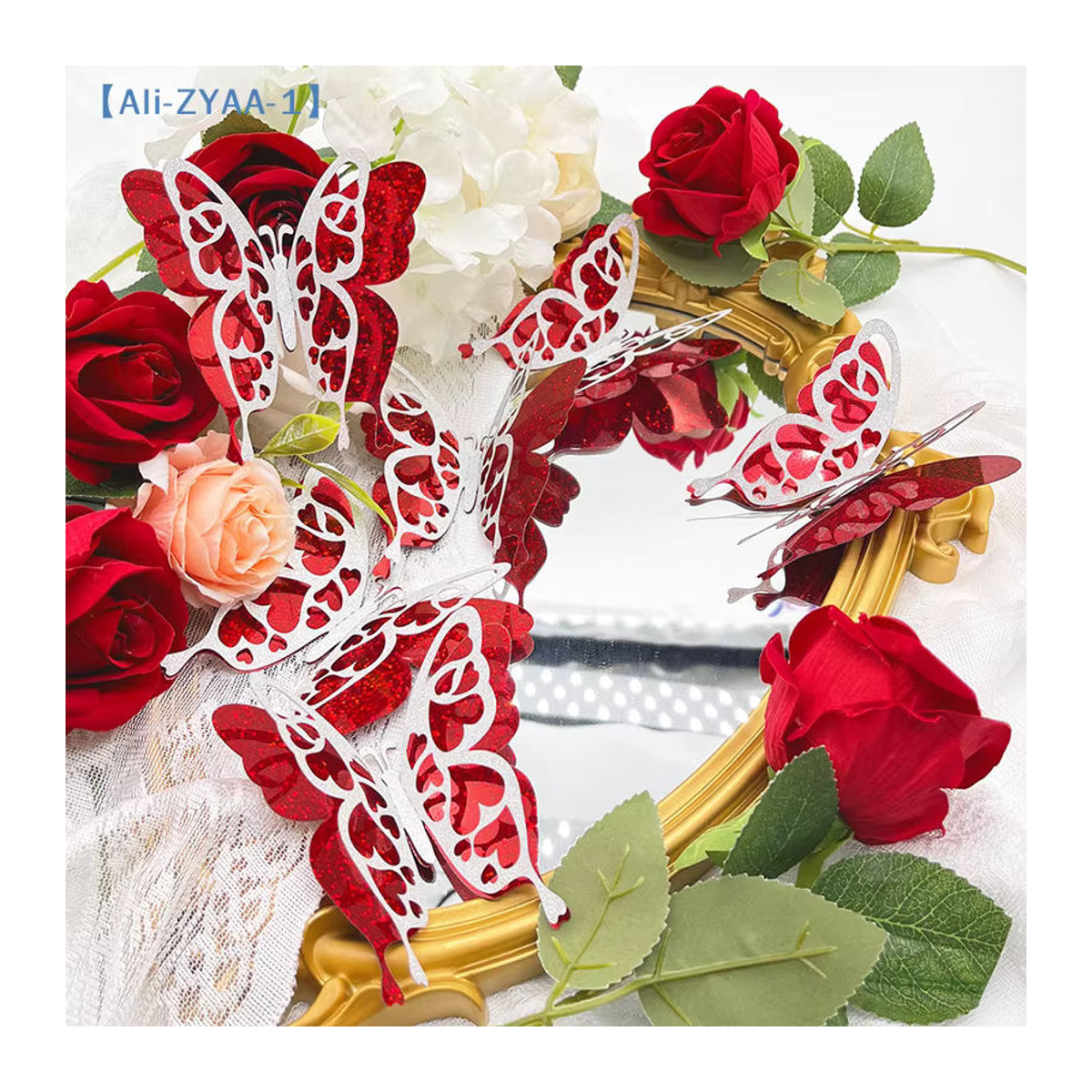 ZYAA-1 6er Set 3D Schmetterlinge Wandaufkleber in Gold und Rot mit Glitzer-Effekt zur Wanddekoration für Valentinstag - Bild 4
