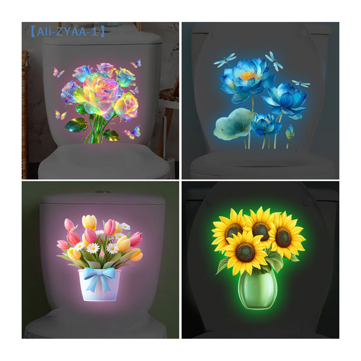 ZYAA-1 Selbstklebende Blumen-Toilettenaufkleber im Dunkeln leuchtend, Floral, Mehrfarbig, Unregelmäßige Form - Bild 1