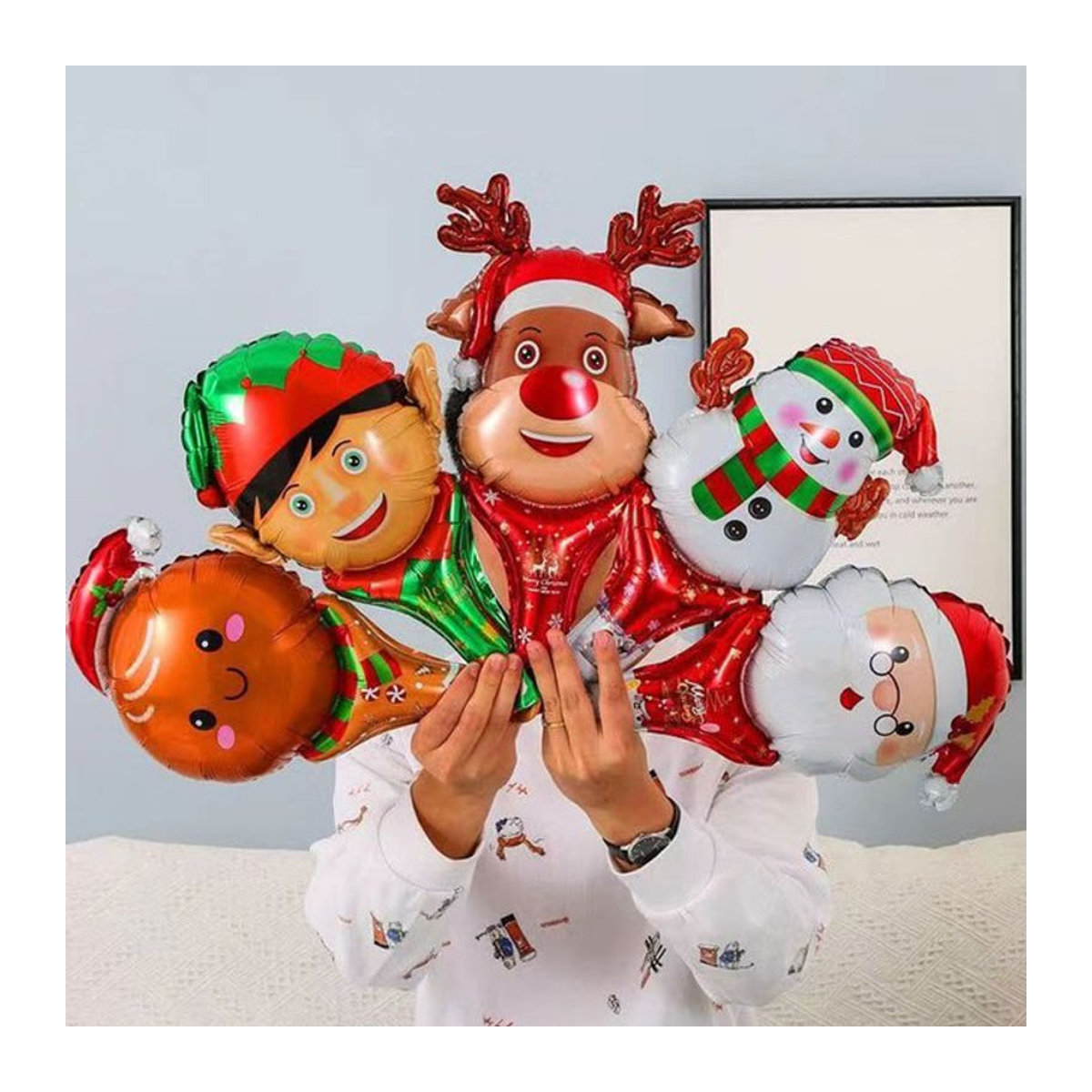 ZYF 10er Set Weihnachts Handheld Luftballons mit Motiven wie Santa, Schneemann, Elch und Lebkuchenmann in Mehrfarbig - Bild 1