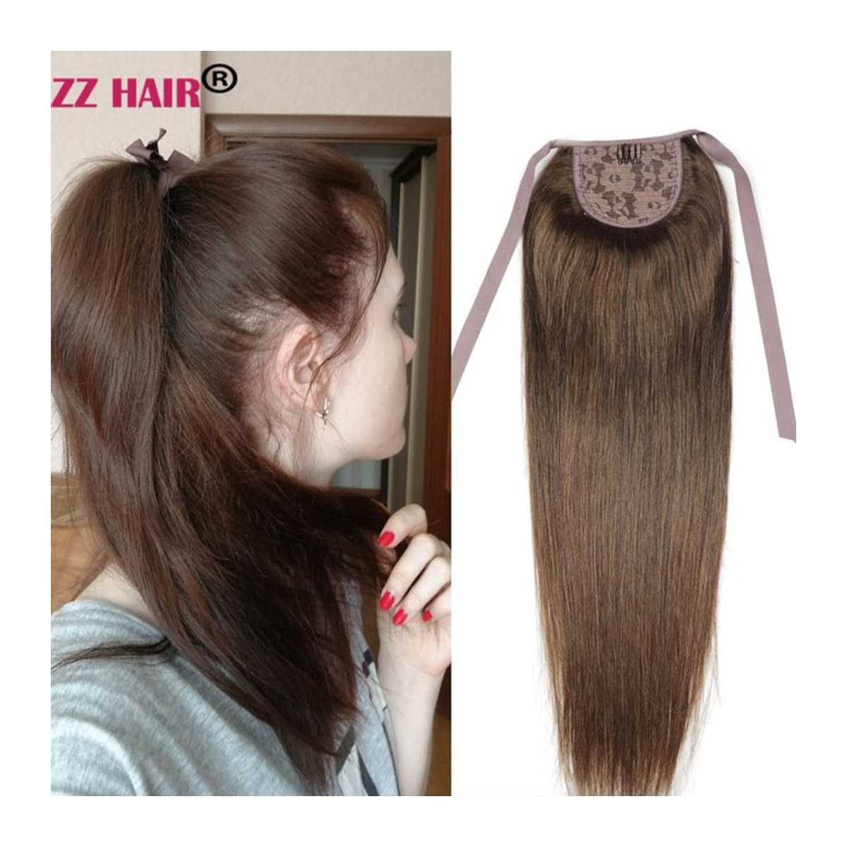 ZZHAIR Brasilianisches Echthaar Remy-Haar Band-Pferdeschwanz mit Clips, braun, glatt, 100 g - Bild 1
