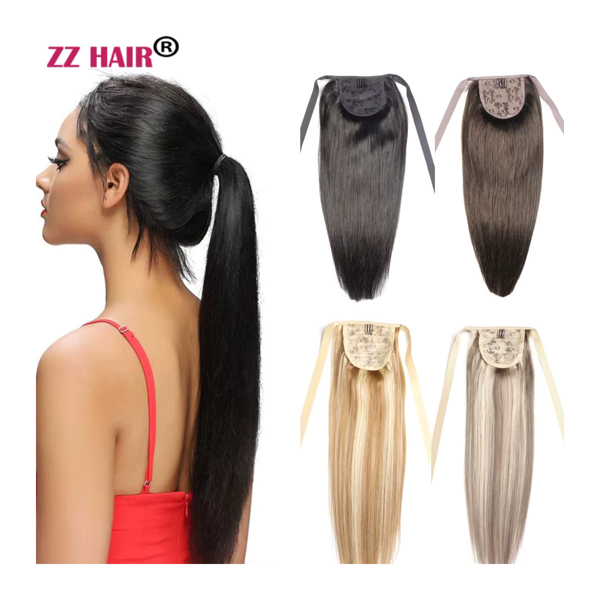 ZZHAIR Brasilianisches Echthaar Remy-Haar Band-Pferdeschwanz mit Clips, braun, glatt, 100 g - Bild 5