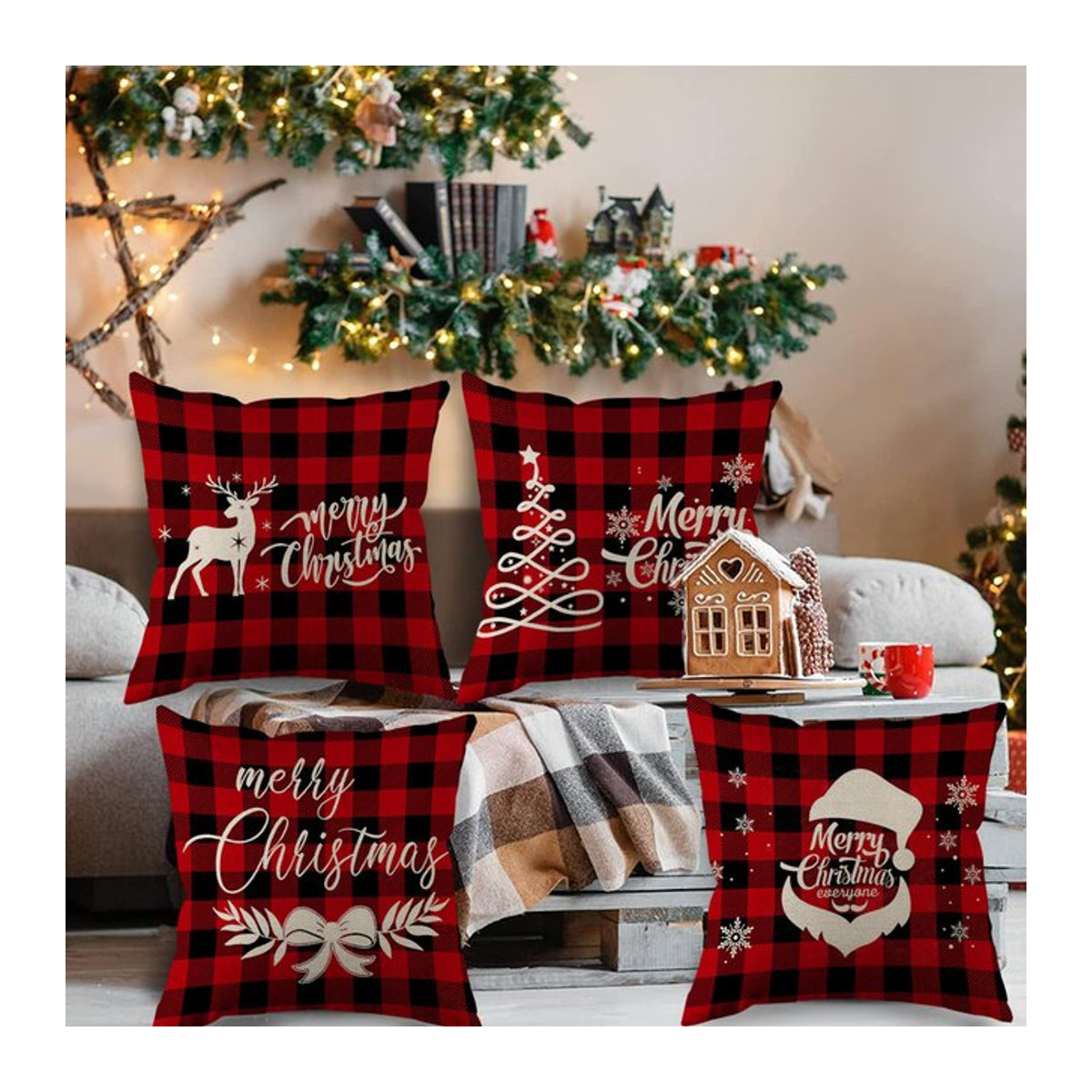 ZZN Kissenbezug mit roten Streifen und Frohe Weihnachten Motiv aus Leinen für dein Sofa und deine Home Dekoration - Bild 1