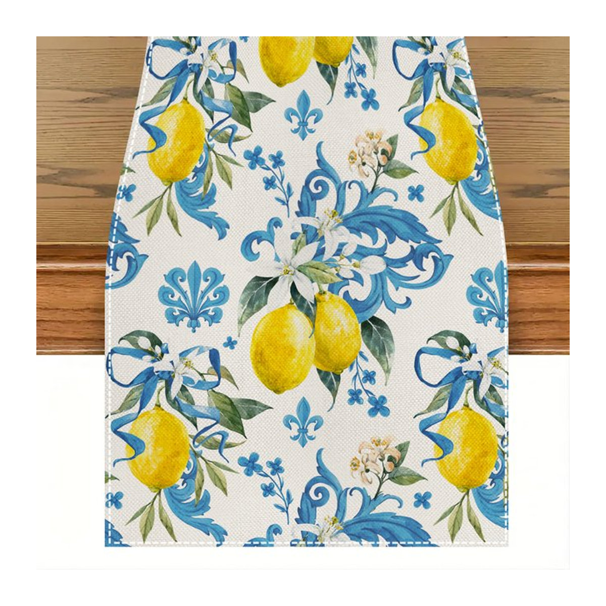 ZZN Tischläufer aus Leinen mit gelben Zitronen- und Blumenmotiven in Gelb und Weiß - Bild 1