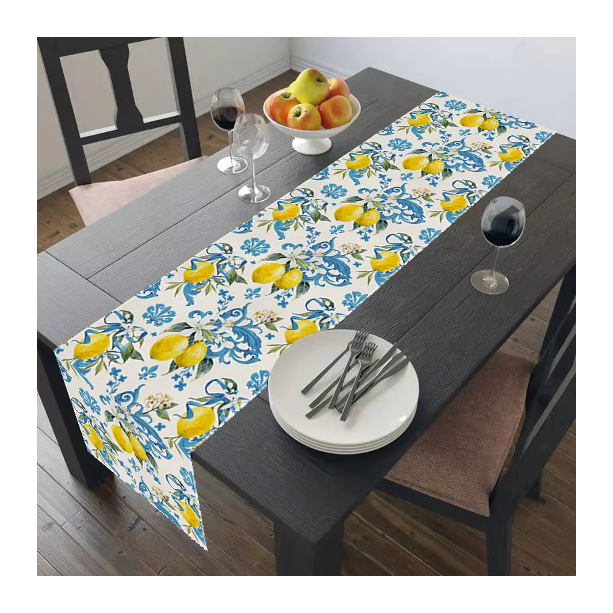 ZZN Tischläufer aus Leinen mit gelben Zitronen- und Blumenmotiven in Gelb und Weiß - Bild 2