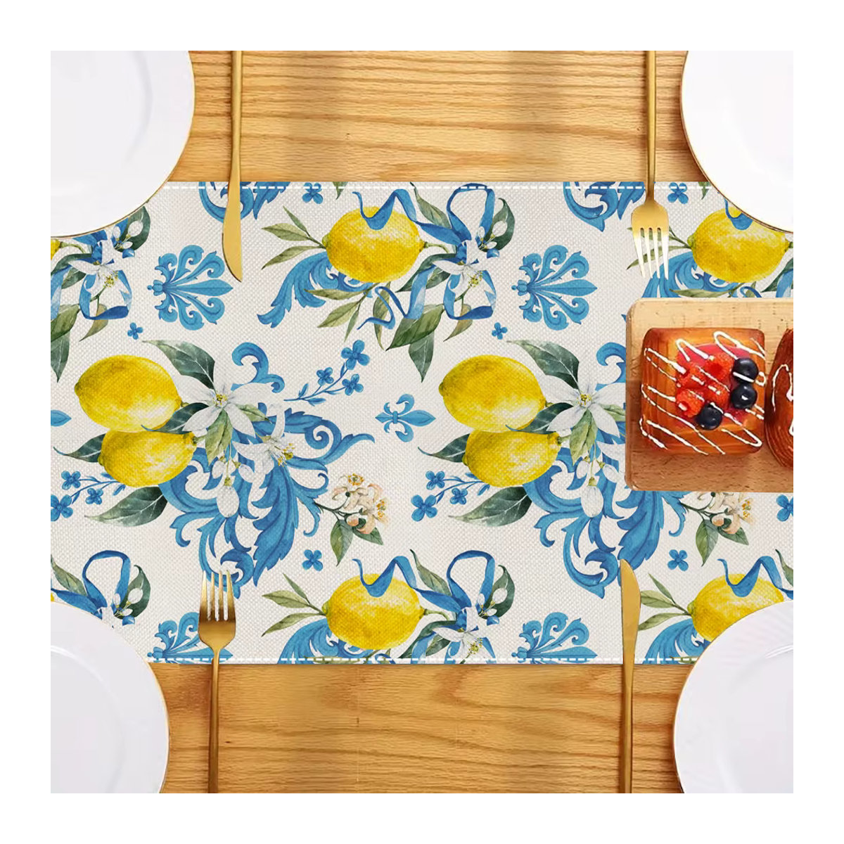 ZZN Tischläufer aus Leinen mit gelben Zitronen- und Blumenmotiven in Gelb und Weiß - Bild 3