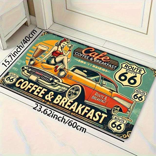 VIKAMA Retro Route 66 Fußmatte für Restaurant und Café, ideal für Küche, Badezimmer, Veranda und Terrasse - Bild 1