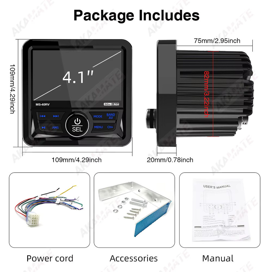 AKAMATE MP5 Marine Radio Stereo Square Boot Lautsprecher mit Bluetooth, FM/AM Antenne und IPX5 Wasserdichtigkeit in Schwarz - Bild 6