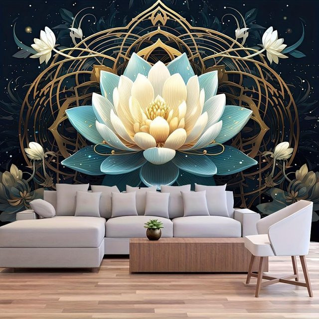 Lotus-Mandala Wandteppich von JMG Household Supplies mit floraler Illustration in Blau, Breite: 300 cm, Höhe: 150 cm - Bild 1